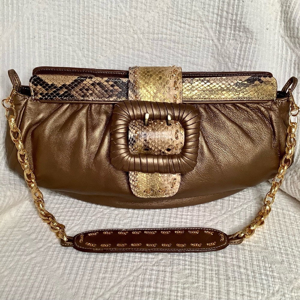 BE & D Bronze Luxury Leather Clutch Shoulder Bag Python Snakeskin Gold Accents
